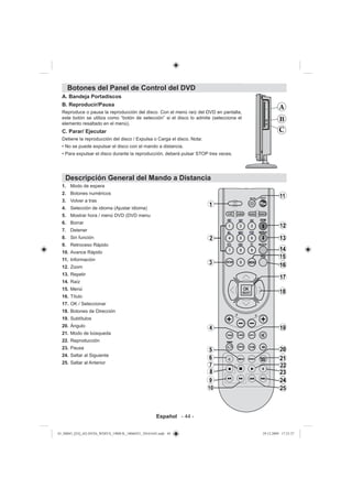 Botones del Panel de Control del DVD
  A. Bandeja Portadiscos
  B. Reproducir/Pausa
  Reproduce o pausa la reproducción del disco. Con el menú raíz del DVD en pantalla,
  este botón se utiliza como “botón de selección” si el disco lo admite (selecciona el
  elemento resaltado en el menú).
  C. Parar/ Ejecutar
  Detiene la reproducción del disco / Expulsa o Carga el disco. Nota:
  • No se puede expulsar el disco con el mando a distancia.
  • Para expulsar el disco durante la reproducción, deberá pulsar STOP tres veces.




   Descripción General del Mando a Distancia
  1. Modo de espera
  2. Botones numéricos
  3. Volver a tras
  4. Selección de idioma (Ajustar idioma)
  5. Mostrar hora / menú DVD (DVD menu
  6. Borrar
  7. Detener
  8. Sin función
  9. Retroceso Rápido
  10. Avance Rápido
  11. Información
  12. Zoom
  13. Repetir
  14. Raíz
  15. Menú
  16. Título
  17. OK / Seleccionar
  18. Botones de Dirección
  19. Subtítulos
  20. Ángulo
  21. Modo de búsqueda
  22. Reproducción
  23. Pausa
  24. Saltar al Siguiente
  25. Saltar al Anterior




                                                    Español - 44 -


01_MB45_[ES]_(02-DVD)_WDIVX_1900UK_10066921_50161643.indd 44                             29.12.2009 17:23:37
 