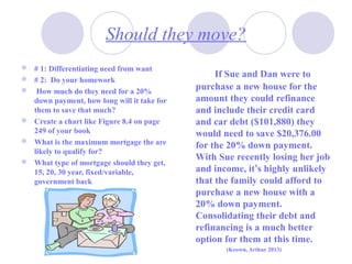 Should they move?
 # 1: Differentiating need from want
 # 2: Do your homework
 How much do they need for a 20%
down payment, how long will it take for
them to save that much?
 Create a chart like Figure 8.4 on page
249 of your book
 What is the maximum mortgage the are
likely to qualify for?
 What type of mortgage should they get,
15, 20, 30 year, fixed/variable,
government back
If Sue and Dan were to
purchase a new house for the
amount they could refinance
and include their credit card
and car debt ($101,880) they
would need to save $20,376.00
for the 20% down payment.
With Sue recently losing her job
and income, it’s highly unlikely
that the family could afford to
purchase a new house with a
20% down payment.
Consolidating their debt and
refinancing is a much better
option for them at this time.
(Keown, Arthur 2013)
 