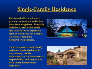Single-Family ResidenceSingle-Family Residence
This would offer much moreThis would offer much more
privacy: no common walls, lessprivacy: no common walls, less
noise from neighbors. It usuallynoise from neighbors. It usually
includes a yard, which couldincludes a yard, which could
also be used for an expansionalso be used for an expansion
later on when they have money.later on when they have money.
Also they would haveAlso they would have
homeowners insurance.homeowners insurance.
A more expensive single-familyA more expensive single-family
residence would obviously beresidence would obviously be
more money. All themore money. All the
maintenance is the homeownersmaintenance is the homeowners
responsibility, and they wouldresponsibility, and they would
have to pay homeownershave to pay homeowners
insurance.insurance.
 