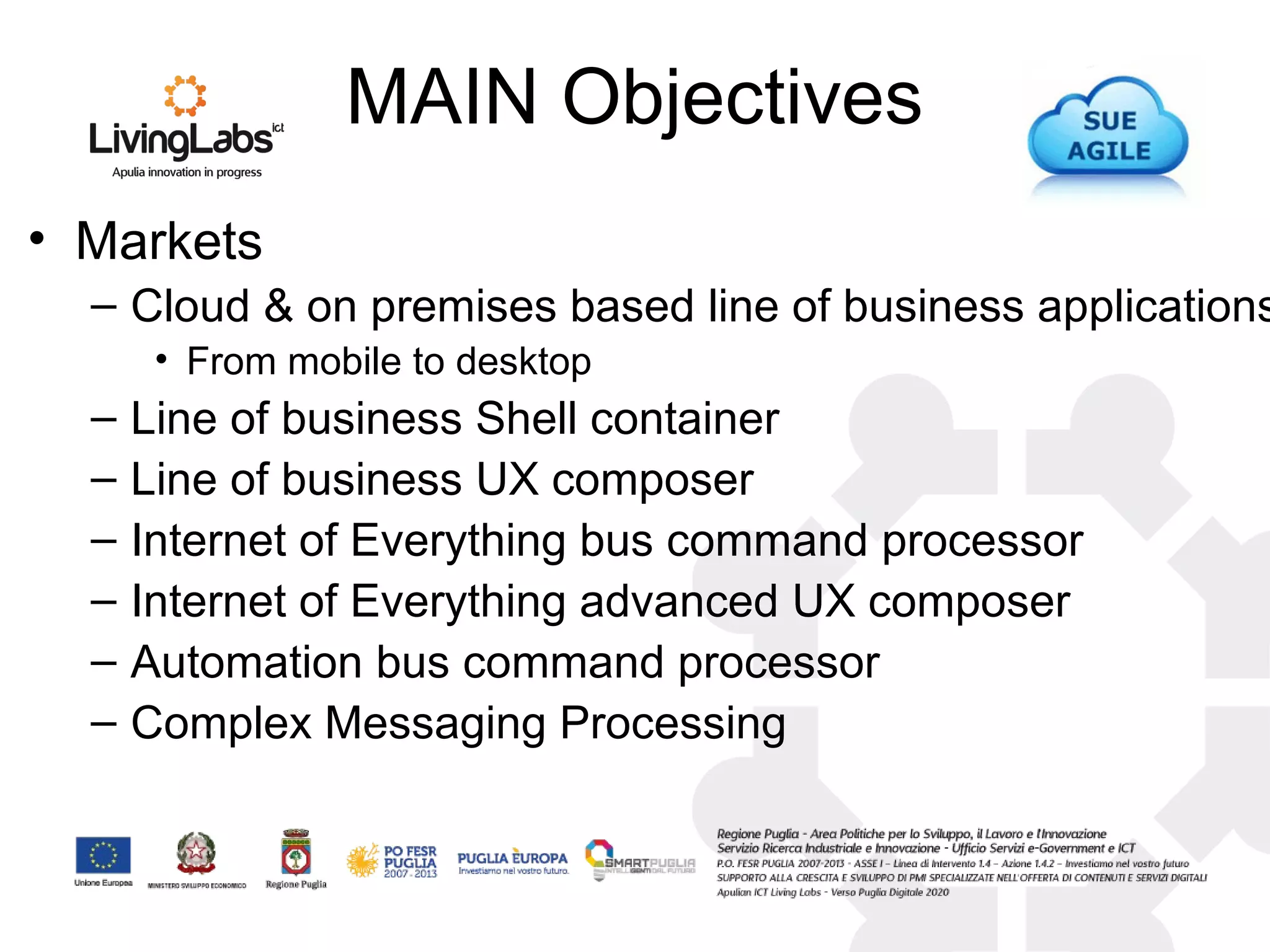 MAIN Objectives
• Markets
– Cloud & on premises based line of business applications
• From mobile to desktop
– Line of business Shell container
– Line of business UX composer
– Internet of Everything bus command processor
– Internet of Everything advanced UX composer
– Automation bus command processor
– Complex Messaging Processing
 