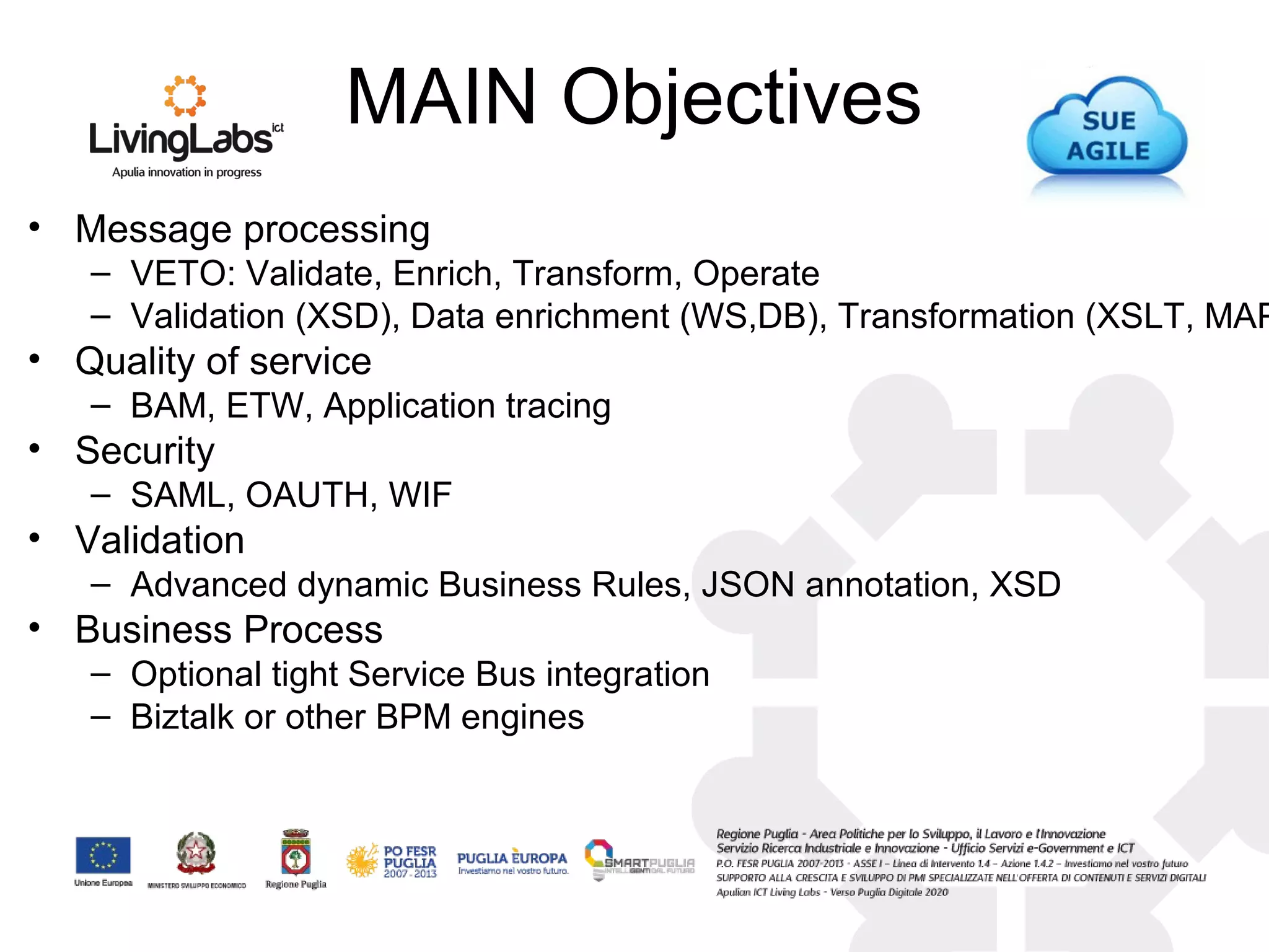 MAIN Objectives
• Message processing
– VETO: Validate, Enrich, Transform, Operate
– Validation (XSD), Data enrichment (WS,DB), Transformation (XSLT, MAP
• Quality of service
– BAM, ETW, Application tracing
• Security
– SAML, OAUTH, WIF
• Validation
– Advanced dynamic Business Rules, JSON annotation, XSD
• Business Process
– Optional tight Service Bus integration
– Biztalk or other BPM engines
 