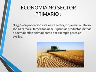 ECONOMIA NO SECTOR
PRIMARIO :
O 2,3 % da poboación esta neste sector, o que mais cultivan
son os cereais, tamén fan os seus propios productos lácteos
e ademais crían animais como por exemplo porcos e
ovellas.
 