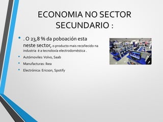 ECONOMIA NO SECTOR
SECUNDARIO :
• . O 23,8 % da poboación esta
neste sector,o producto mais recoñecido na
industria é a tecnoloxía electrodoméstica .
• Autómoviles:Volvo, Saab
• Manufacturas: Ikea
• Electrónica: Ericson, Spotify
 