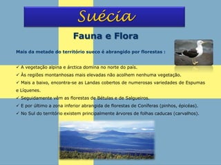 Suécia
Fauna e Flora
Mais da metade do território sueco é abrangido por florestas :
 A vegetação alpina e árctica domina no norte do país.
 Às regiões montanhosas mais elevadas não acolhem nenhuma vegetação.
 Mais a baixo, encontra-se as Landas cobertos de numerosas variedades de Espumas
e Líquenes.
 Seguidamente vêm as florestas de Bétulas e de Salgueiros.
 E por último a zona inferior abrangida de florestas de Coníferas (pinhos, épicéas).
 No Sul do território existem principalmente árvores de folhas caducas (carvalhos).
 