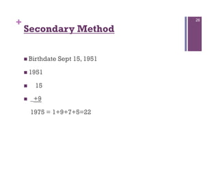 +                                  26

    Secondary Method

      Birthdate   Sept 15, 1951

      1951

         15

        _+9

         1975 = 1+9+7+5=22
 