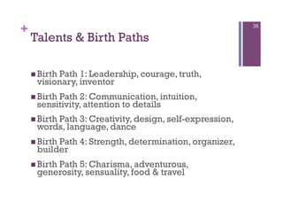 +                                                       35

    Talents & Birth Paths

      Birth
          Path 1: Leadership, courage, truth,
     visionary, inventor
      Birth
          Path 2: Communication, intuition,
     sensitivity, attention to details
      Birth
         Path 3: Creativity, design, self-expression,
     words, language, dance
      Birth
          Path 4: Strength, determination, organizer,
     builder
      Birth
         Path 5: Charisma, adventurous,
     generosity, sensuality, food & travel
 