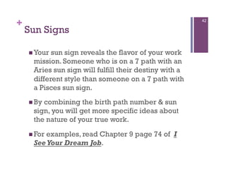 +                                                       42

    Sun Signs

      Yoursun sign reveals the flavor of your work
     mission. Someone who is on a 7 path with an
     Aries sun sign will fulfill their destiny with a
     different style than someone on a 7 path with
     a Pisces sun sign.
      By
        combining the birth path number & sun
     sign, you will get more specific ideas about
     the nature of your true work.

      For
         examples, read Chapter 9 page 74 of I
     See Your Dream Job.
 