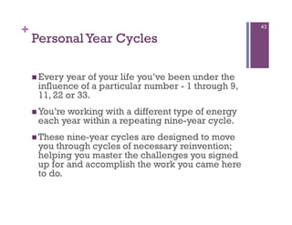 +                                                      43

    Personal Year Cycles

      Everyyear of your life you’ve been under the
     influence of a particular number - 1 through 9,
     11, 22 or 33.
      You’re
           working with a different type of energy
     each year within a repeating nine-year cycle.
      Thesenine-year cycles are designed to move
     you through cycles of necessary reinvention;
     helping you master the challenges you signed
     up for and accomplish the work you came here
     to do.
 