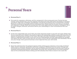 +                                                                                                                 48

    Personal Years
        Personal Year 5:

        Get ready for expansion, adventure, and the unexpected in this turning-point year. During this fast-
         moving, action-packed time, you’ll be happiest and doing your best work when everything is changing
         around you. Take trips, investigate opportunities, and get rid of anything that is monotonous or boring.
         Eliminate conditions and people that are holding you back. Make room for the new. Focus on freedom
         and adapting to change. Enjoy this sensual year with many opportunities for physical indulgence. You’ll
         be super-charged, attractive, and sexual. Revive your relationships or work circumstances with new
         energy.

        Personal Year 6:

        In this more responsible year, you’ll take care of the important people in your life and career. Rather than
         focus on yourself, you’ll adjust to the needs of others and enjoy group activities as you shift away from the
         sensual and passionate excesses of the 5 year. Marriage and close friendships will blossom due to your
         efforts to understand the people in your life. Let go of superficiality and take responsibility for yourself
         and others. Yet don’t take on more than you can carry, or you’ll fall into depression and overwhelm. This is
         one year, though, when general harmony is more important than your own needs.

        Personal Year 7:

        Enjoy this sabbatical from the physical aspects of life and focus your attention on the study of abstract
         ideas, science, mysticism, spirituality and artistic endeavors. Withdraw from the center of things and
         write books, go to school, meditate, and do research. Refine what you began in this nine-year-cycle by
         analyzing and perfecting projects, relationships, and goals. Your intuition will be at its most powerful –
         rely on it for all decisions. Pursue nothing; you will naturally attract what is meant to be in your life.
 