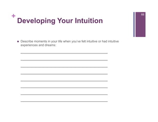 +                                                                                    66

    Developing Your Intuition

        Describe moments in your life when you’ve felt intuitive or had intuitive
         experiences and dreams:

         _________________________________
         _________________________________
         _________________________________
         _________________________________
         _________________________________
         _________________________________
         _________________________________
         _________________________________
 