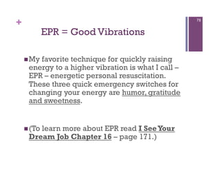 +                                                    78


            EPR = Good Vibrations

     Myfavorite technique for quickly raising
     energy to a higher vibration is what I call –
     EPR – energetic personal resuscitation.
     These three quick emergency switches for
     changing your energy are humor, gratitude
     and sweetness.


     (To
        learn more about EPR read I See Your
     Dream Job Chapter 16 – page 171.)
 