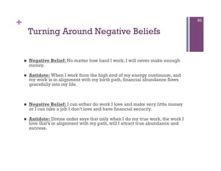 +                                                                                   85


         Turning Around Negative Beliefs


        Negative Belief: No matter how hard I work, I will never make enough
         money.

        Antidote: When I work from the high end of my energy continuum, and
         my work is in alignment with my birth path, financial abundance flows
         gracefully into my life.



        Negative Belief: I can either do work I love and make very little money
         or I can take a job I don’t love and have financial security.

        Antidote: Divine order says that only when I do my true work, the work I
         love that’s in alignment with my path, will I attract true abundance and
         success.
 