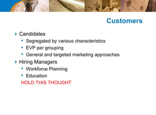 Customers
Candidates
• Segregated by various characteristics
• EVP per grouping
• General and targeted marketing approaches
Hiring Managers
• Workforce Planning
• Education
HOLD THIS THOUGHT
 