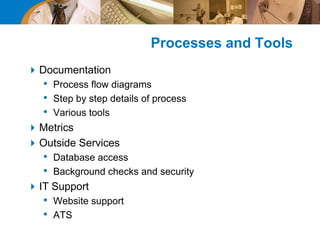 Processes and Tools
Documentation
• Process flow diagrams
• Step by step details of process
• Various tools
Metrics
Outside Services
• Database access
• Background checks and security
IT Support
• Website support
• ATS
 