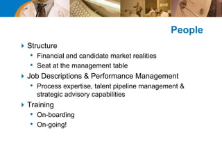 People
Structure
• Financial and candidate market realities
• Seat at the management table
Job Descriptions & Performance Management
• Process expertise, talent pipeline management &
strategic advisory capabilities
Training
• On-boarding
• On-going!
 