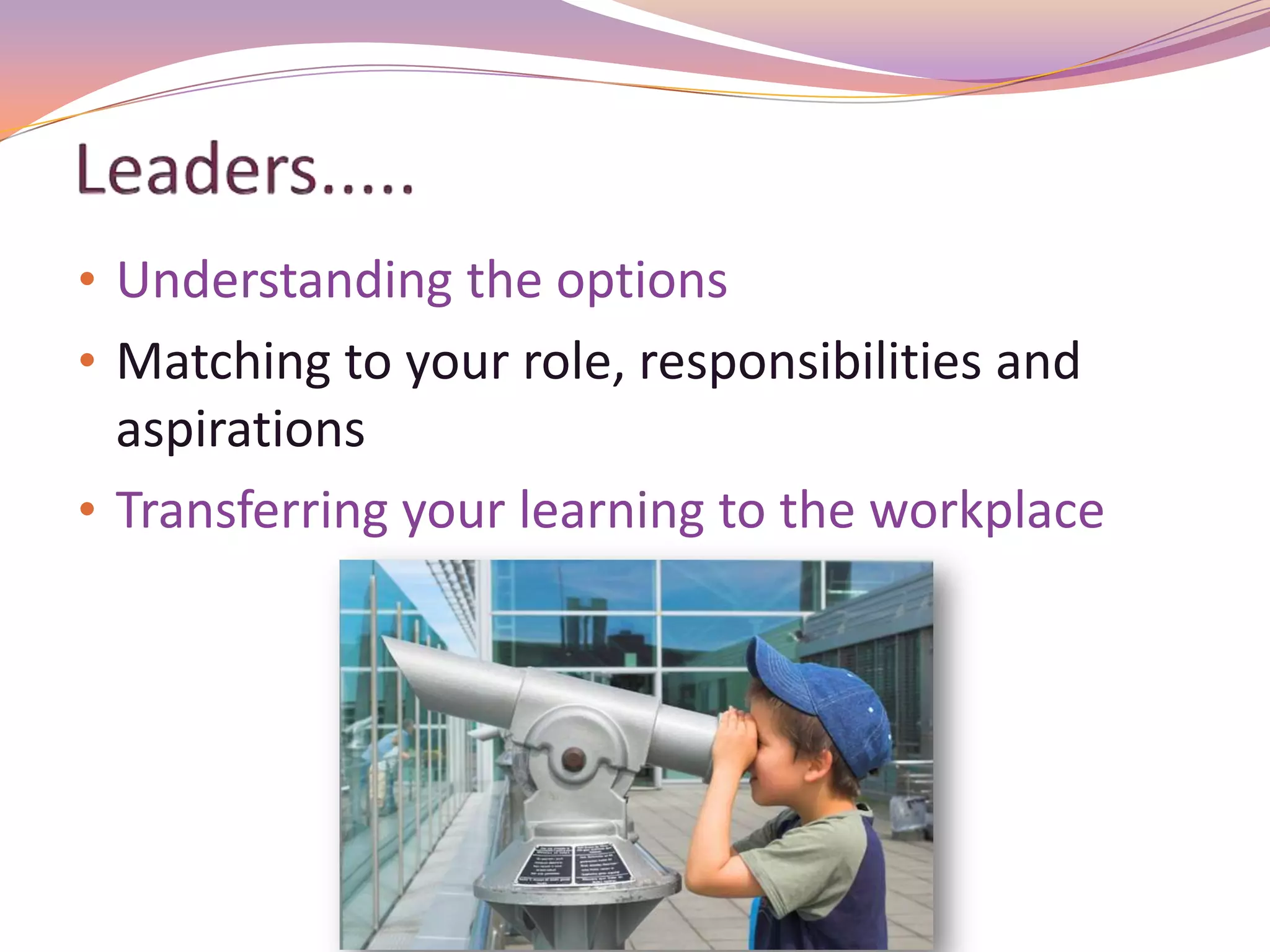 • Understanding the options
• Matching to your role, responsibilities and
  aspirations
• Transferring your learning to the workplace
 