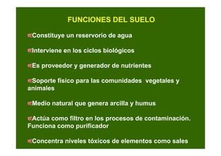 FUNCIONES DEL SUELO

 Constituye un reservorio de agua

 Interviene en los ciclos biológicos

 Es proveedor y generador de nutrientes

 Soporte físico para las comunidades vegetales y
animales

 Medio natural que genera arcilla y humus

 Actúa como filtro en los procesos de contaminación.
Funciona como purificador

 Concentra niveles tóxicos de elementos como sales
 