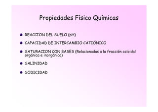 Propiedades Físico Químicas

REACCION DEL SUELO (pH)

CAPACIDAD DE INTERCAMBIO CATIÓNICO

SATURACION CON BASES (Relacionadas a la fracción coloidal
orgánica e inorgánica)

SALINIDAD

SODICIDAD
 