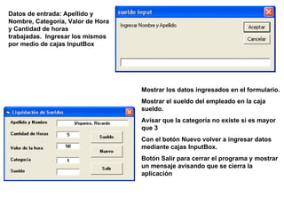 Datos de entrada: Apellido y Nombre, Categoría, Valor de Hora y Cantidad de horas  trabajadas.  Ingresar los mismos por medio de cajas InputBox Mostrar los datos ingresados en el formulario. Mostrar el sueldo del empleado en la caja sueldo. Avisar que la categoría no existe si es mayor que 3 Con el botón Nuevo volver a ingresar datos mediante cajas InputBox. Botón Salir para cerrar el programa y mostrar un mensaje avisando que se cierra la aplicación 