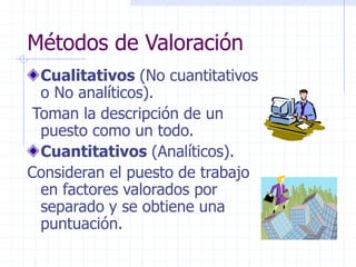 Métodos de Valoración
Cualitativos (No cuantitativos
o No analíticos).
Toman la descripción de un
puesto como un todo.
Cuantitativos (Analíticos).
Consideran el puesto de trabajo
en factores valorados por
separado y se obtiene una
puntuación.
 