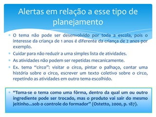 O tema não pode ser desenvolvido por toda a escola, pois o
interesse da criança de 1 anos é diferente da criança de 2 anos por
exemplo.
Cuidar para não reduzir a uma simples lista de atividades.
As atividades não podem ser repetidas mecanicamente.
Ex. tema “circo”: visitar o circo, pintar o palhaço, contar uma
história sobre o circo, escrever um texto coletivo sobre o circo,
repetindo as atividades em outro tema escolhido.
“Toma-se o tema como uma fôrma, dentro da qual um ou outro
ingrediente pode ser trocado, mas o produto vai sair do mesmo
jeitinho...sob o controle do formador” (Ostetto, 2000, p. 187).
Alertas em relação a esse tipo de
planejamento
 