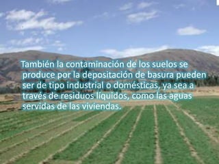    También la contaminación de los suelos se produce por la depositación de basura pueden ser de tipo industrial o domésticas, ya sea a través de residuos líquidos, como las aguas servidas de las viviendas.