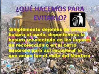 ¿Qué HACEMOS PARA EVITARLO?Simplemente dejemos de arrojar basura al suelo, depositemos la basura recolectada en los lugares de recolección o en el carro basurero para así recuperar lo que antes fue el valle del Mantaro.