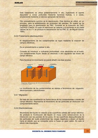 SUELOS

Este tratamiento se utiliza preferentemente in situ, inyectando el agente
depurador a zonas profundas mediante barrenas huecas, o a veces,
simplemente mediante un laboreo apropiado del terreno.
Otro procedimiento químico es la descloración. Esta técnica se utilizó, en un
principio, para la estabilización de productos del petróleo. En suelos se ha
empleado para la descloración de PBC. Consiste en la inyección de CaO,
Ca(OH)2 o NaOH. El suelo al reaccionar se calienta y al aumentar el pH hasta
valores de 9 a 11 se produce la descloración de los PBC (E. de Miguel Garcia.
1995).

3.6.6 Tratamiento electroquímico
El desplazamiento de los contaminantes se logra mediante la creación de
campos eléctricos.
Es un procedimiento a realizar in situ.
Consiste en introducir, a suficiente profundidad, unos electrodos en el suelo.
Los contaminantes fluyen desde un electrodo a otro siguiendo las líneas del
campo eléctrico.
Para favorecer el movimiento se puede añadir una fase acuosa.

La movilización de los contaminantes es debida a fenómenos de: migración,
electroósmosis y electroforesis.

3.6.7 Migración
Se trata de una movilización en forma iónica de los contaminantes a través del
campo electrico. Representa el movimiento de las partículas en disolución con
comportamiento iónico.

3.6.8 Electroósmosis
Movimiento del líquido en relación a las superficies sólidas del campo eléctrico.
Se produce la movilización del líquido en masa como consecuencia de la
interacción con las paredes de los poros. En las superficies desequilibradas de
las partículas del suelo predominan las cargas negativas y atraen al líquido
hacia el cátodo que se comporta como si fuese un gran catión. Es este el
efecto más importante.

DOCENTE: Dr. GROBER PISCO PANDURO

15

 