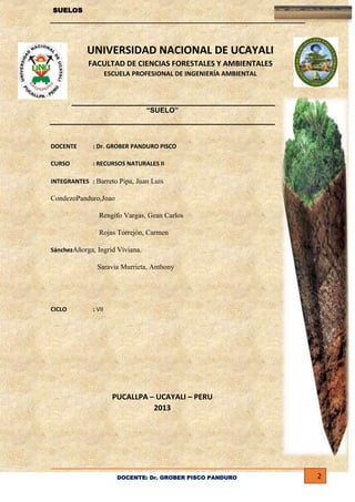 SUELOS

UNIVERSIDAD NACIONAL DE UCAYALI
FACULTAD DE CIENCIAS FORESTALES Y AMBIENTALES
ESCUELA PROFESIONAL DE INGENIERÍA AMBIENTAL

“SUELO”

DOCENTE

: Dr. GROBER PANDURO PISCO

CURSO

: RECURSOS NATURALES II

INTEGRANTES : Barreto Pipa, Juan Luis

CondezoPanduro,Joao
Rengifo Vargas, Gean Carlos
Rojas Torrejón, Carmen
SánchezAñorga, Ingrid Viviana.

Saravia Murrieta, Anthony

CICLO

: VII

PUCALLPA – UCAYALI – PERU
2013

DOCENTE: Dr. GROBER PISCO PANDURO

2

 