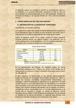 SUELOS

El siguiente cuadro nos muestra la cantidad de comunidades nativas y
su población en el período 2004-2006, existiendo un total de 296 con
una población de aproximadamente de 63, 344 habitantes. Destacan la
provincia de Atalaya y de Coronel Portillo con 147 y 103 comunidades
nativas.
2. CARACTERISTICAS DEL SECTOR AGRARIO
2.1 DISTRIBUCIÓN DE LA SUPERFICIE TERRITORIAL
Superficie de uso forestal y agrícola.
Los suelos en la región del Ucayali, fundamentalmente son ocupados en
forma espontánea según el acceso ya sea carretera o vía fluvial, poco o
nada se tiene en cuenta la capacidad de uso mayor de los suelos.
Según el siguiente cuadro, en la región Ucayali la mayor superficie
territorial presenta tierras con aptitud forestal y de protección. Así el
72.6% corresponde a tierras forestales y el 8.2% a tierras dedicadas a la
agricultura, tanto cultivos en limpio como permanentes.

En el departamento de Ucayali, se registran suelos en zonas
montañosas ubicadas al nor - oeste y sur oeste, en los límites con el
departamento de Huánuco y Pasco, ambientes adecuados para el cultivo
de café especial.
El agro ucayalino, se desenvuelve en dos grandes agroecosistemas:
suelos de terrazas no inundables denominados terrenos de “altura” y
suelos de terrazas inundables temporalmente denominados las
“restingas”, donde se desarrolla la agricultura en un escenario “un tanto
incierto” porque no solo está influenciado por las políticas y el mercado
(flujo de precios), sino sobre todo por el clima, cada vez más imprevisible
debido a los cambios climáticos del planeta, que se expresa con daños y
pérdidas de cultivos alimenticios como lo ocurrido recientemente en la
cuenca del río Aguaytía y Ucayali, en donde se afectaron 45,016
hectáreas, de las cuales 15,140 hectáreas se perdieron1, lo que amerita
un rediseño de los planes de previsión y mitigación para afrontar a los
fenómenos naturales climáticos que se producen en la región

DOCENTE: Dr. GROBER PISCO PANDURO

22

 
