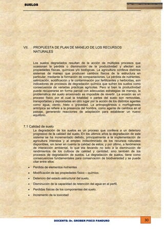 SUELOS

VII.

PROPUESTA DE PLAN DE MANEJO DE LOS RECURSOS
NATURALES

Los suelos degradados resultan de la acción de múltiples procesos que
ocasionan la pérdida o disminución de la productividad y afectan sus
propiedades físicas, químicas y/o biológicas. La agricultura conlleva distintos
sistemas de manejo que producen cambios físicos de la estructura en
particular, mediante la formación de compactaciones. La pérdida de nutrientes,
salinización, acidificación y la contaminación por fertilizantes y herbicidas, son
indicadores de procesos de degradación química que sufren los suelos como
consecuencia de variadas prácticas agrícolas. Pero si bien la productividad
puede recuperarse en forma parcial con adecuadas estrategias de manejo, la
problemática del suelo erosionado es imposible de revertir. La erosión es un
proceso físico por el cual la totalidad o partes del suelo son removidas,
transportadas y depositadas en otro lugar por la acción de los distintos agentes
como agua, viento, hielo o gravedad. La antropogénesis o morfogénesis
antrópica se refiere a la presencia del hombre, como agente de cambios en el
paisaje, generando reacciones de adaptación para establecer un nuevo
equilibrio.

7.1 Calidad de suelo
La degradación de los suelos es un proceso que conlleva a un deterioro
progresivo de la calidad del suelo. En los últimos años la degradación de este
sistema se ha incrementado debido, principalmente a la implementación de
agricultura intensiva y al empleo indiscriminado de los recursos naturales
disponibles, sin tener en cuenta la calidad de estos; y por último, a fenómenos
de interacción ambiental, lo que eta llevando no solo a la disminución de
rendimientos de los cultivos de calidad y cantidad, sino también de los
procesos de degradación de suelos. La degradación de suelos, tiene como
consecuencias fundamentales para conservación de biodiversidad y se puede
citar entre ellos:
Perdida de elementos nutrientes
Modificación de las propiedades físico – químico.
Deterioro del estado estructural del suelo.
Disminución de la capacidad de retención del agua en el perfil.
Perdidas físicas de los componentes del suelo.
Incremento de la toxicidad

DOCENTE: Dr. GROBER PISCO PANDURO

30

 