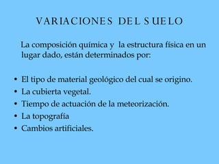 VARIACIONES DEL SUELO La composición química y  la estructura física en un lugar dado, están determinados por:  El tipo de material geológico del cual se origino. La cubierta vegetal. Tiempo de actuación de la meteorización. La topografía  Cambios artificiales. 