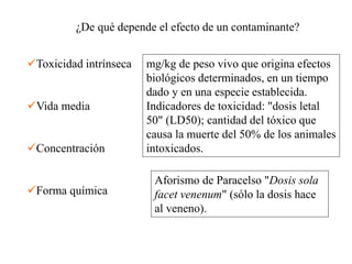 ¿De qué depende el efecto de un contaminante?
Toxicidad intrínseca
Vida media
Concentración
Forma química
mg/kg de peso vivo que origina efectos
biológicos determinados, en un tiempo
dado y en una especie establecida.
Indicadores de toxicidad: "dosis letal
50" (LD50); cantidad del tóxico que
causa la muerte del 50% de los animales
intoxicados.
Aforismo de Paracelso "Dosis sola
facet venenum" (sólo la dosis hace
al veneno).
 
