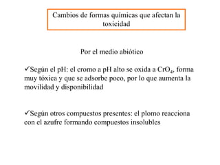 Cambios de formas químicas que afectan la
toxicidad
Por el medio abiótico
Según el pH: el cromo a pH alto se oxida a CrO4, forma
muy tóxica y que se adsorbe poco, por lo que aumenta la
movilidad y disponibilidad
Según otros compuestos presentes: el plomo reacciona
con el azufre formando compuestos insolubles
 
