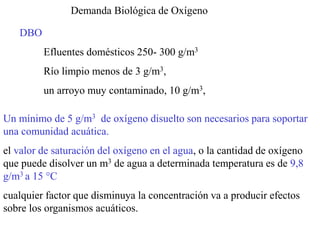 Demanda Biológica de Oxígeno
DBO
Efluentes domésticos 250- 300 g/m3
Río limpio menos de 3 g/m3,
un arroyo muy contaminado, 10 g/m3,
Un mínimo de 5 g/m3 de oxígeno disuelto son necesarios para soportar
una comunidad acuática.
el valor de saturación del oxígeno en el agua, o la cantidad de oxígeno
que puede disolver un m3 de agua a determinada temperatura es de 9,8
g/m3 a 15 C
cualquier factor que disminuya la concentración va a producir efectos
sobre los organismos acuáticos.
 