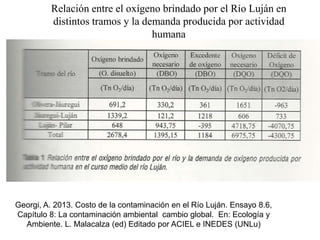 Relación entre el oxígeno brindado por el Río Luján en
distintos tramos y la demanda producida por actividad
humana
Georgi, A. 2013. Costo de la contaminación en el Río Luján. Ensayo 8.6,
Capítulo 8: La contaminación ambiental cambio global. En: Ecología y
Ambiente. L. Malacalza (ed) Editado por ACIEL e INEDES (UNLu)
 