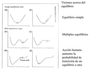 Visiones acerca del
equilibrio
Múltiples equilibrios
Acción humana
aumenta la
probabilidad de
transición de un
equilibrio a otro
Equilibrio simple
 