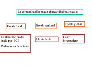 La contaminación puede abarcar distintas escalas
Escala local Escala regional
Escala global
Contaminación del
suelo por PCB
Radiaciones de antenas
Lluvia ácida
Gases
invernadero
 