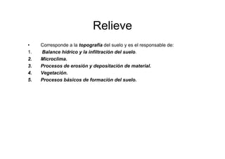 Relieve
•    Corresponde a la topografía del suelo y es el responsable de:
1.   Balance hídrico y la infiltración del suelo.
2.   Microclima.
3.   Procesos de erosión y depositación de material.
4.   Vegetación.
5.   Procesos básicos de formación del suelo.
 