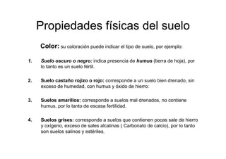 Propiedades físicas del suelo
     Color: su coloración puede indicar el tipo de suelo, por ejemplo:

1.   Suelo oscuro o negro: indica presencia de humus (tierra de hoja), por
     lo tanto es un suelo fértil.

2.   Suelo castaño rojizo o rojo: corresponde a un suelo bien drenado, sin
     exceso de humedad, con humus y óxido de hierro:

3.   Suelos amarillos: corresponde a suelos mal drenados, no contiene
     humus, por lo tanto de escasa fertilidad.

4.   Suelos grises: corresponde a suelos que contienen pocas sale de hierro
     y oxígeno, exceso de sales alcalinas ( Carbonato de calcio), por lo tanto
     son suelos salinos y estériles.
 
