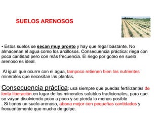 •  Abonado Una cosa muy buena que tienen los suelos arcillosos es que almacenan muchos nutrientes minerales; tienen "grandes bolsillos " Puedes aportar más cantidad de una vez porque perderás mucho menos fertilizantes que si fuera uno arenoso, en que tienes que repartirlo en más veces. Pero los nitratos sí que se lavan en ambos tipos de suelos: arenosos y arcillosos. •  Laboreo Un suelo arcilloso lábralo en profundidad y cuando tenga un buen tempero, es decir, con una cierta humedad, ni muy seco, ni muy mojado Se trabajan mal  