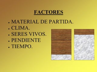 FACTORES
● MATERIAL DE PARTIDA.
● CLIMA.
● SERES VIVOS.
● PENDIENTE
● TIEMPO.
 