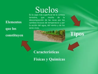 Suelos
Tipos
Características
Físicas y Químicas
Elementos
que los
constituyen
Es la capa más superficial de la corteza
terrestre, que resulta de la
descomposición de las rocas por los
cambios bruscos de temperatura y por
la acción del agua, del viento y de los
seres vivos.
 