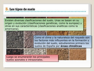 Existen diversas clasificaciones del suelo. Unas se basan en su
origen y evolución (clasificaciones genéticas, como la europea) y
otras en sus características (clasificaciones analíticas como la
americana).
Existen diversas clasificaciones del suelo. Unas se basan en su
origen y evolución (clasificaciones genéticas, como la europea) y
otras en sus características (clasificaciones analíticas como la
americana).
Como el clima y la naturaleza del roquedo son
los factores más influyentes en la formación y
evolución del suelo, estudiaremos primero los
suelos de España por áreas climáticas
Como el clima y la naturaleza del roquedo son
los factores más influyentes en la formación y
evolución del suelo, estudiaremos primero los
suelos de España por áreas climáticas
Luego se enumerarán los principales
suelos azonales e intrazonales.
Luego se enumerarán los principales
suelos azonales e intrazonales.
 