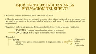 ¿QUÉ FACTORES INCIDEN EN LA
FORMACIÓN DEL SUELO?
• Hay cinco factores que inciden en la formación del suelo:
1. Material parental: Es aquel material orgánico e inorgánico inalterado que se conoce como
roca madre en donde se irán formando los horizontes del suelo. El material parental esta
compuesto de:
 Orgánicos: materia que proviene de la acumulación de los restos de plantas y animales.
BOSQUES: Protegen los suelos absorbiendo la humedad
LACUSTRES: Si hay agua el material O no se descompone
ROCAS
- Ígneas: rocas que se forman cuando el magma se enfría y
solidifica.
Ultramáfica
Máfica
Acida
Ultra acida
 Minerales:
 