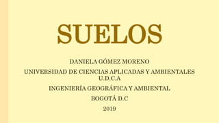 SUELOS
DANIELA GÓMEZ MORENO
UNIVERSIDAD DE CIENCIAS APLICADAS Y AMBIENTALES
U.D.C.A
INGENIERÍA GEOGRÁFICA Y AMBIENTAL
BOGOTÁ D.C
2019
 