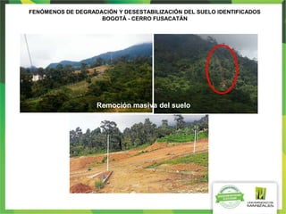 FENÓMENOS DE DEGRADACIÓN Y DESESTABILIZACIÓN DEL SUELO IDENTIFICADOS
BOGOTÁ - CERRO FUSACATÁN
Remoción masiva del suelo
 