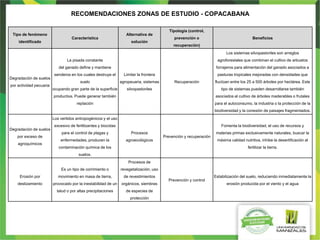 RECOMENDACIONES ZONAS DE ESTUDIO - COPACABANA
Tipo de fenómeno
identificado
Característica
Alternativa de
solución
Tipología (control,
prevención o
recuperación)
Beneficios
Degradación de suelos
por actividad pecuaria
La pisada constante
del ganado define y mantiene
senderos en los cuales destruye el
suelo
ocupando gran parte de la superficie
productiva. Puede generar también
reptación
Limitar la frontera
agropeuaria, sistemas
silvopastoriles
Recuperación
Los sistemas silvopastoriles son arreglos
agroforestales que combinan el cultivo de arbustos
forrajeros para alimentación del ganado asociados a
pasturas tropicales mejoradas con densidades que
fluctúan entre los 25 a 500 árboles por hectárea. Este
tipo de sistemas pueden desarrollarse también
asociados al cultivo de árboles maderables o frutales
para el autoconsumo, la industria o la protección de la
biodiversidad y la conexión de paisajes fragmentados.
Degradación de suelos
por exceso de
agroquímicos
Los vertidos antropogénicos y el uso
excesivo de fertilizantes y biocidas
para el control de plagas y
enfermedades, producen la
contaminación química de los
suelos.
Procesos
agroecológicos
Prevención y recuperación
Fomenta la biodiversidad, el uso de recursos y
materias primas exclusivamente naturales, buscar la
máxima calidad nutritiva, inhibe la desertificación al
fertilizar la tierra.
Erosión por
deslizamiento
Es un tipo de corrimiento o
movimiento en masa de tierra,
provocado por la inestabilidad de un
talud o por altas precipitaciones
Procesos de
revegetalización, uso
de revestimientos
orgánicos, siembras
de especies de
protección
Prevención y control
Estabilización del suelo, reduciendo inmediatamente la
erosión producida por el viento y el agua
 