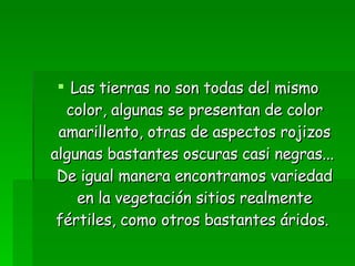 Las tierras no son todas del mismo color, algunas se presentan de color amarillento, otras de aspectos rojizos algunas bastantes oscuras casi negras...  De igual manera encontramos variedad en la vegetación sitios realmente fértiles, como otros bastantes áridos.  