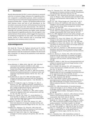 applied soil ecology 38 (2008) 249–260                                                       259


5.       Conclusion                                                     Deng, S.P., Tabatabai, M.A., 1997. Effect of tillage and residue
                                                                             management on enzyme activities in soils: III. Phosphatases
                                                                             and arylsulfatase. Biol. Fertil. Soils 24, 141–146.
Results demonstrated 30–50% C content reduction in semiarid
                                                                        Dick-Peddie, W., 1991. Semiarid and arid lands: a world wide
soils due to intensive tillage cultivation for vegetable produc-
                                                                             scope. In: Skujins, J. (Ed.), Semiarid Lands and Deserts: Soil
tion compared to undisturbed pastures, which resulted in a                   Resources and Reclamation. Marcel Dekker, Inc., New York,
community structure with lower fungal populations and lower                  pp. 3–32.
enzyme activities after >10 years. The beneﬁcial effects of tree        Doran, J.W., 1982. Tilling changes soil. Crops Soils 34, 10–12.
litter biomass return and lack of soil disturbance on the               Drijber, R.A., Doran, J.W., Parkhurst, A.M., Lyon, D.J., 2000.
microbial community structure and biochemical functioning                    Changes in soil microbial community structure with tillage
                                                                             under long-term wheat-fallow management. Soil Biol.
for these semiarid soils were demonstrated. The effects of
                                                                             Biochem. 32, 1419–1430.
litter quality on soil C accumulation were also demonstrated.           Ekenler, M., Tabatabai, M.A., 2002. b-Glucosaminidase activity
Although soil microbial biomass was higher under quenepa                     of soils: effect of cropping systems and its relationship to
trees compared to vegetable production, the soil organic C was               nitrogen mineralization. Biol. Fertil. Soils 36, 367–376.
similar between those systems, which suggest the importance             Elliott, E.T., 1986. Aggregate structure and carbon, nitrogen, and
of modifying management for land under trees experiencing                    phosphorus in native and cultivated soils. Soil Sci. Soc. Am.
                                                                             J. 50, 627–633.
similar trends in other semiarid soils to encourage litter
                                                                        Franzluebbers, A.J., Hons, F.M., Zuberer, A.D., 1994. Long term
degradation and nutrients return to the soil.
                                                                             changes in soil carbon and nitrogen pools in wheat
                                                                             management systems. Soil Sci. Soc. Am. J. 58, 1639–1645.
                                                                        Franzluebbers, A.J., Hons, F.M., Zuberer, A.D., 1995. Tillage and
Acknowledgements                                                             crop effects on seasonal soil carbon and nitrogen dynamics.
                                                                             Soil Sci. Soc. Am. J. 59, 1618–1624.
We thank Mr. Thomas W. Popham (retired) and Dr. Kathy                   Frey, S.D., Elliot, E.T., Paustian, K., 1999. Bacterial and fungal
                                                                             abundance and biomass in conventional and no-tillage
Yeater (Statisticians, USDA-ARS-Southern Plains Area) for
                                                                             ecosystems along two climate gradients. Soil Biol. Biochem.
their assistance with the multivariate analyses. We also would
                                                                             31, 573–585.
like to thank Mr. L.E. Rivera for his assistance in site selection      Friedel, J.K., Munch, J.C., Fischer, W.R., 1996. Soil microbial
in Puerto Rico.                                                              properties and the assessment of available soil organic
                                                                             matter in a haplic luvisol after several years of different
                                                                             cultivation and crop rotation. Soil Biol. Biochem. 28,
references                                                                   479–488.
                                                                                            ˚˚
                                                                        Frostegard, A., Baath, E., 1996. The use of phospholipid fatty acid
                                                                             analysis to estimate bacterial and fungal biomass in soil.
Acosta-Martınez, V., Mikha, M.M., Vigil, M.F., 2007. Microbial
              ´                                                              Biol. Fertil. Soils 22, 59–65.
    communities and enzyme activities in soils under                    Hoeft, R.G., Walsh, L.M., Keeney, D.R., 1973. Evaluation of
    alternative crop rotations compared to wheat-fallow for the              various extractants for available soil sulfur. Soil Sci. Soc.
    Central Great Plains. Appl. Soil. Ecol. 37, 41–52.                       Am. Proc. 37, 401–404.
Acosta-Martınez, V., Zobeck, T.M., Allen, V., 2004. Soil microbial,
              ´                                                         Ibekwe, A.M., Kennedy, A.C., 1999. Fatty acid methyl ester
    chemical and physical properties in continuous cotton and                (FAME) proﬁles as a tool to investigate community structure
    integrated crop–livestock systems. Soil Sci. Soc. Am. J. 68,             of two agricultural soils. Plant Soil 206, 151–161.
    1875–1884.                                                          Insam, H., 2001. Developments in soil microbiology since the
Acosta-Mercado, D., Lynn, D.H., 2004. Soil ciliate species                   mid 1960’s. Geoderma 100, 389–402.
    richness and abundance associated with the rhizosphere              Isaac, R.A., 1990. Metals in plants—atomic absorption
    of different subtropical plant species. J. Euk. Microbiol. 51,           spectrophotometric method. Method 975.03. In: Herlich, K.
    582–588.                                                                 (Ed.), Ofﬁcial Methods of Analysis of the Association of
Beinroth, F.N., Engel, R.J., Lugo, J.L., Santiago, C.L., Rıos, S.,
                                                          ´                  Ofﬁcial analytical Chemists. 15th ed. AOAC, Inc., Arlington,
    Brannon, G.R., 2003. Updated taxonomic classiﬁcation of                  Virginia.
    soils of Puerto Rico, 2002. Bulletin 303. University of Puerto      Jenkinson, D.S., 1988. Determination of microbial biomass
    Rico, College of Agricultural Sciences, Agricultural                     carbon and nitrogen in soil. In: Wilson, J.R. (Ed.), Advances
    Experiment Station. San Juan, PR, 73 pp.                                 in Nitrogen Cycling in Agricultural Ecosystems. CAB
Blancher, R.W., Rehm, G., Caldwell, A.C., 1965. Sulfur in plant              International/Marcel Dekker, Wallingford, UK/New York,
    materials by digestion with nitric and perchloric acid. Soil             pp. 368–386.
    Sci. Soc. Am. Proc. 29, 71–72.                                      Kandeler, E., Kampichler, C., Horak, O., 1996. Inﬂuence of heavy
Bronson, K.F., Zobeck, T.M., Chua, T.T., Acosta-Martınez, V.,
                                                          ´                  metals on the functional diversity of soil microbial
    Scott Van Pelt, R., Booker, J.D., 2004. Carbon and nitrogen              communities. Biol. Fertil. Soils 23, 299–306.
    pools of Southern High Plains Cropland and Grassland Soils.         Karlen, D.L., Rosek, M.J., Gardner, J.C., Allan, D.L., Alms, M.J.,
    Soil Sci. Soc. Am. J. 68, 1695–1704.                                     Bezdicek, D.F., Flock, M., Huggins, D.R., Miller, B.S., Staben,
       ´
Calderon, F.J., Jackson, L.E., Scow, K.M., Rolston, D.E., 2001.              M.L., 1999. Conservation Reserve Program effects on soil
    Short-term dynamics of nitrogen, microbial activity, and                 quality indicators. J. Soil Water Conserv. 54, 439–444.
    phospholipid fatty acids after tillage. Soil Sci. Soc. Am. J. 65,   Karlen, D.L., Wollenhaupt, N.C., Erbach, D.C., Berry, E.C., Swan,
    118–126.                                                                 J.B., Eash, N.S., Jordahl, J.L., 1994. Soil Till. Res. 32, 313–327.
Cavigelli, M.A., Robertson, G.P., Klug, M.J., 1995. Fatty acid          Kennedy, A.C., Schillinger, W.F., 2006. Soil quality and water
    methyl ester (FAME) proﬁles as measures of soil microbial                intake in traditional-till vs. no-till paired farms in
    community structure. Plant Soil 170, 99–113.                             Washington’s Palouse region. Soil Sci. Soc. Am. J. 70,
Coleman, D.C., Reid, C.P.P., Cole, C.V., 1983. Biological                    940–949.
    strategies of nutrient cycling in soil systems. Adv. Ecol. Res.     Klose, S., Tabatabai, M.A., 1999. Arylsulfatase activity of
    13, 1–55.                                                                microbial biomass in soils. Soil Sci. Soc. Am. J 63, 569–574.
 
